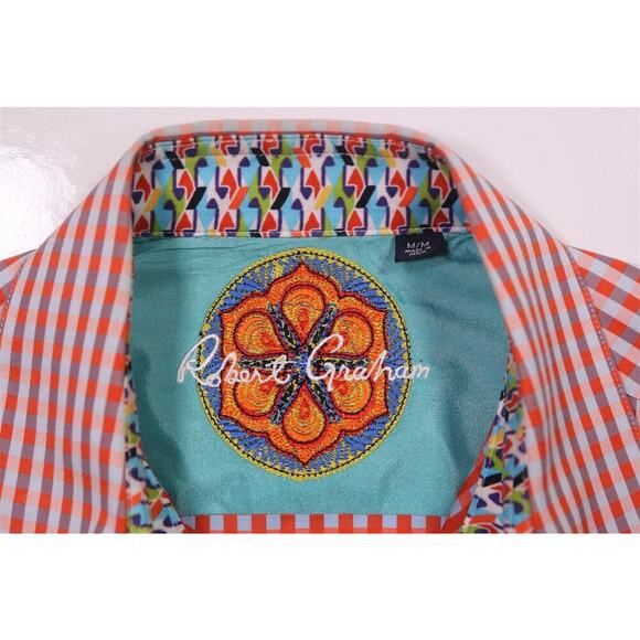 Robert Graham Orange Gingham Check Cotton Dress Shirt Men's Medium - Picture 6 of 8